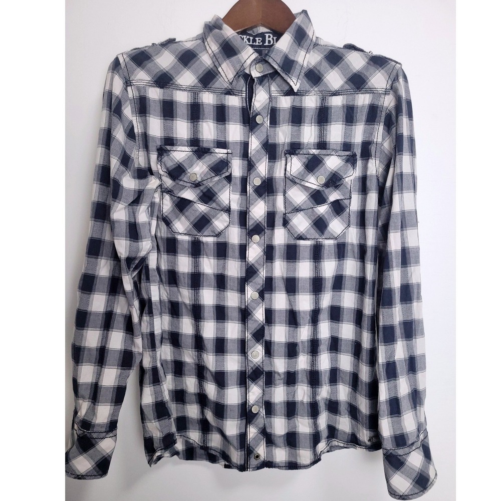Buckle Black Label Mens Slim Fit Plaid Western Shirt Navy White BB028NM Medium